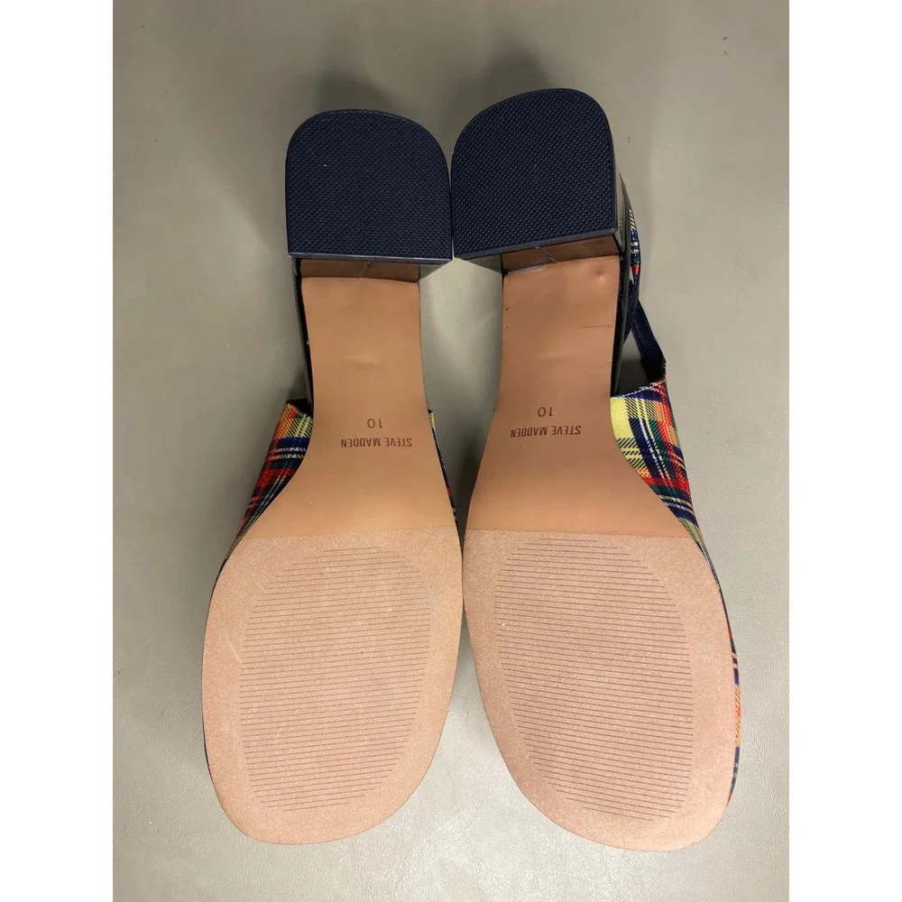 New Steve Madden Yellow Plaid Block Heel Slingback Pumps Mules 10 Punk Preppy